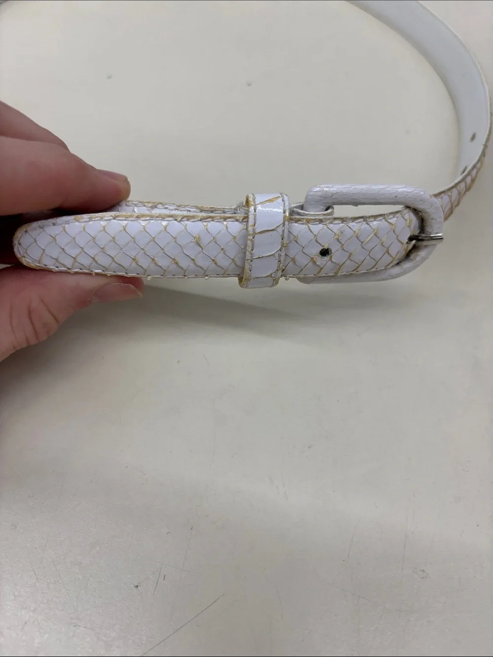 Slim Snake Skin White Women's Belt with Subtle Gold Accents